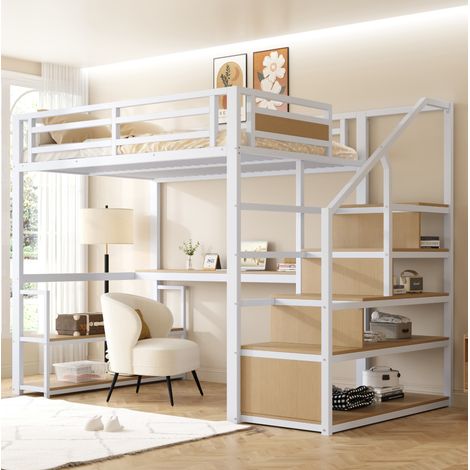 Cama alta de metal blanca 140x200 cm con escritorio, estanterías y escalera con almacenaje (1/5)