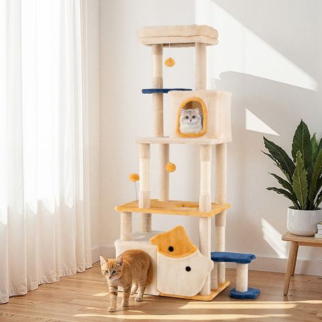 Arbre à Chat Mignon de 163cm avec 2 Condos Perchoir en Peluche Amovible Poteaux à Griffer en Sisal Plateformes en Forme de Poisson Jaune (1/3)