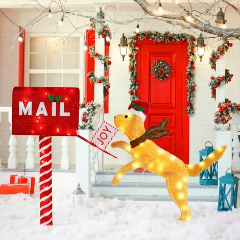 Boîte aux Lettres de Noël et Chien Décoration Festive Illuminée avec 120 LED Blanc Chaud Décoration de Noël Extérieure Étanche Rouge + Jaune (1/5)
