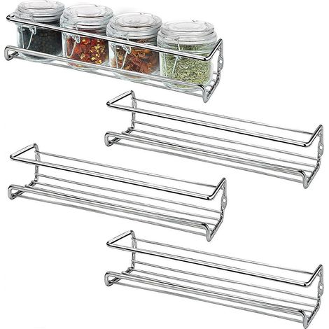 Ensemble de 4 étagères à épices murales chromées - Porte-épices et herbes pour murs et placards de cuisine sur un seul niveau - Étagère à épices murale pour la cuisine (1/5)