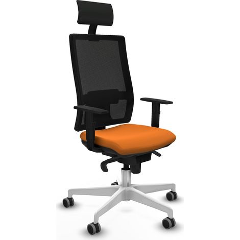 Horna sincro malla negra similpiel naranja brazos 1D base blanca cabecero fijo ruedas 65mm engomadas (1/5)