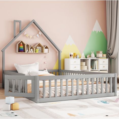 MEUBLIV Lit 140x200 cm gris – cadre cabane avec barreaux de sécurité, sans matelas (1/5)