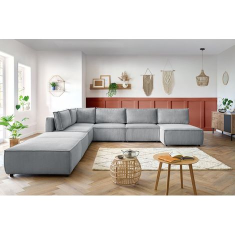 BOBOCHIC - Canapé panoramique fixe 100% modulable NIHAD tissu velours côtelé 3 chauffeuses, 1 angle, 1 méridienne et 2 poufs Panoramique Gris clair (1/5)