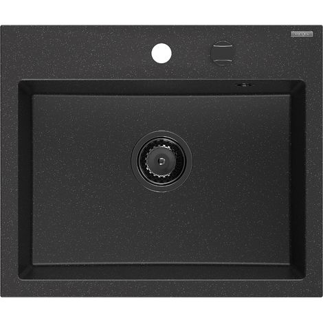 Mexen Oscar fregadero de granito de 1 cubeta 580 x 490 mm, negro/metálico plateado, sifón negro - 6519581000-73-B (1/5)