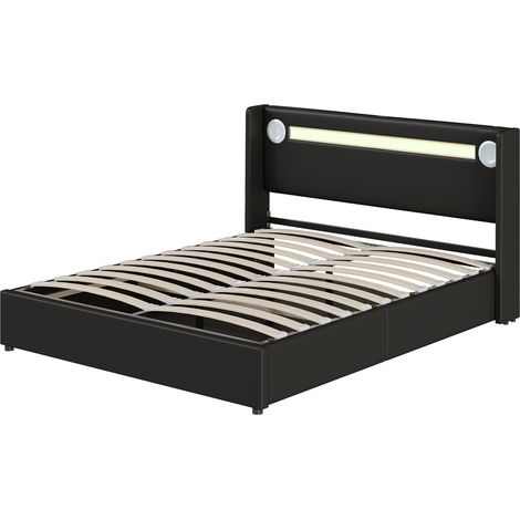 Cama con almacenaje 160x200 cm en polipiel negra con LED, Bluetooth, USB y somier de lamas HOMVRA (1/5)