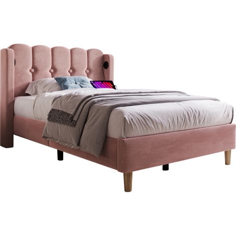 Lit une place rembourré avec port de charge USB-C et sommier à lattes  lit rembourré rose (90 x 200 cm), finition velours, adapté aux chambres à coucher ou aux chambres d'amis (matelas inclus). (1/5)