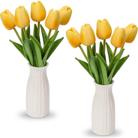 Kunstblumen Künstliche Tulpen Blumen Real Touch 30cm Gelb Vase Keramik (1/5)