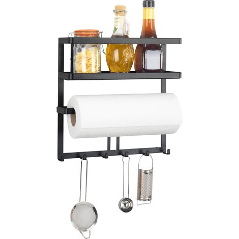 WENKO Mensola multifunzionale per cucina Gala, Mensola in metallo nero con portarotolo da parete e ganci per appendere utensili da cucina, Metallo, 30x33x9 cm, Nero (1/7)