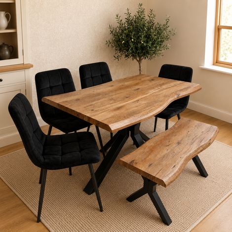 Kosy Koala 6 Seater Rustic Brown Wooden Effect Dining Table with Black Velvet Chairs & Bench (1/5)