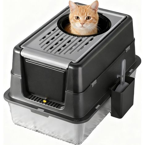Bac à litière chat inox Double entrée frontale/supérieure Anti-odeurs, bac fermé, plateau amovible Ideal grands chats 60×40×38,5cm – Noir (1/5)