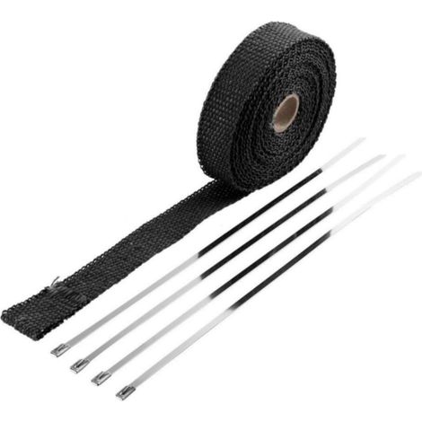 Bande d'isolation thermique universelle 25mm x 10m en fibre de verre avec 5 attaches zippées verrouillables Ruban Protection Bouclier Tuyau Moteur Echappement Isolant, noir (1/4)