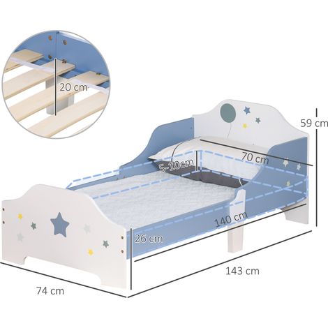 Lit bas avec panneaux latéraux bleus et blancs, adapté aux enfants à partir de 3 ans. (1/5)
