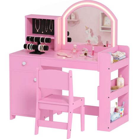 Coiffeuse pour enfants - AIYAPLAY - tabouret et miroir LED - tiroir, placard et étagères - MDF - 88,6 x 38,8 x 96,9 cm - rose (1/5)