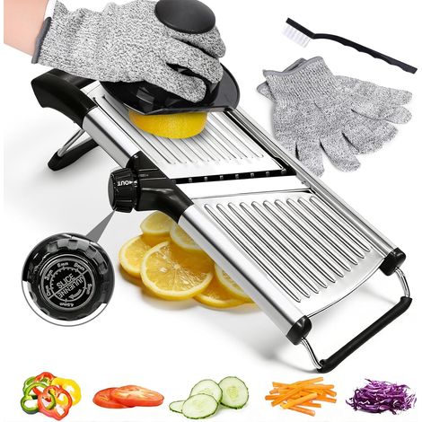 Masthome Mandoline Cuisine Inox avec Bouton Réglable 1-9 mm Ajustez facilement la coupe selon vos recettes, avec protège-main, gants anti-coupure et pieds antidérapants inclus. (1/5)