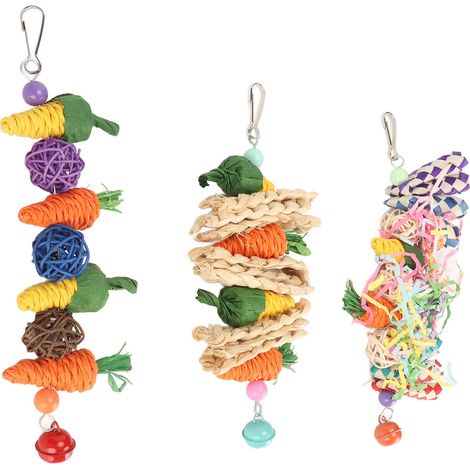 Lot de 3 jouets à mâcher pour perroquets : boules de rotin tressées en forme de carotte et de maïs, en papier déchiqueté, à suspendre en cage pour perruches, inséparables et conures. (1/5)