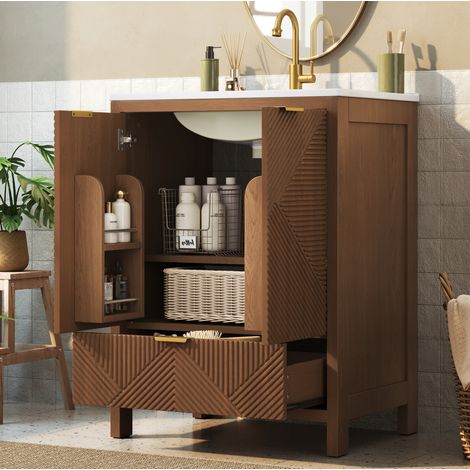 Meuble de salle de bain sur pied 61 cm avec lavabo céramique, texture ondulée, noyer, OKWISH (1/5)