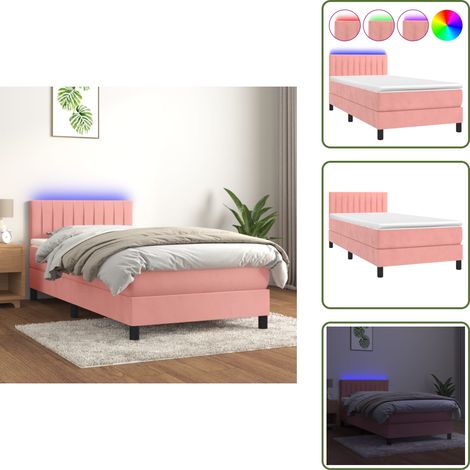 The Living Store Cama box spring colchón y LED terciopelo rosa 90x200 cm - Colchón con LED