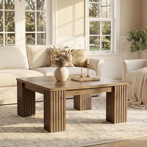 Tribesigns Table Basse Carrée 100cm, Table Basse de Rustique en Bois avec Pieds Canelés Robuste, Table Centrale Grand Format Style Ferme pour Salon, Montage Facile, Marron (1/5)