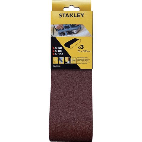 Stanley Set di nastri abrasivi per levigatrice a nastro (75 x 533 mm, 1 x K60, 1 x K80, 1 x K100, adatto per levigatrice a nastro Black+Decker BD75, BD75E, KA75E, KA88) STA33206 (1/2)