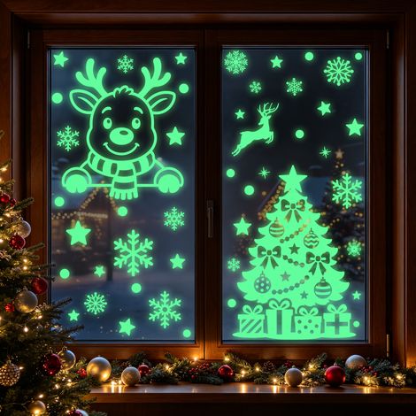 Autocollants Père Noël phosphorescents, autocollants en verre rennes fluorescents, autocollants électrostatiques flocons de neige verts lumineux, décorations de fenêtre.