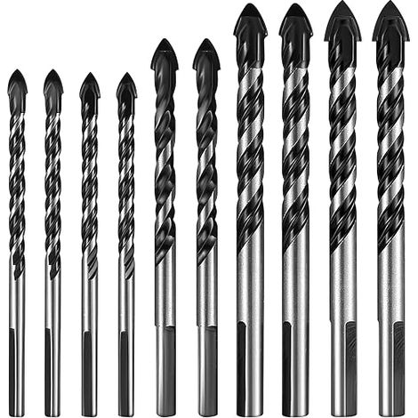 Lot de 10 forets à maçonnerie en carbure de tungstène avec pointe triangulaire pour porcelaine,carrelage, béton, mur de brique, bois, verre, plastique, forets – 6 mm/8 mm/10 mm/12 mm (1/5)
