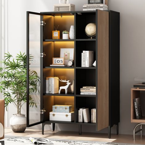 Vitrina alta de 2 puertas, 1 puerta vitrina, MDF, negro y madera, 90 x 40 x 135 cm (1/5)