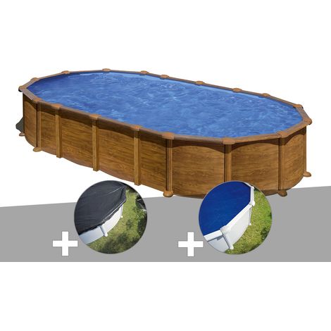 Kit piscine acier aspect bois Gré Pacific ovale 7,44 x 3,99 x 1,22 m + Bâche d'hivernage + Bâche à bulles
