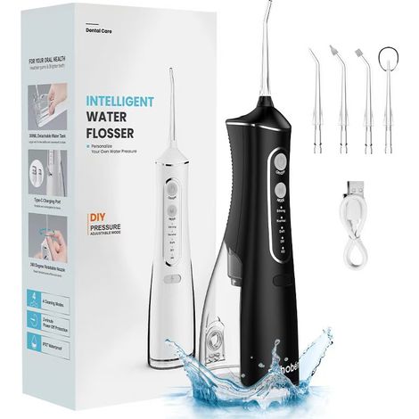 Hydroxyprothésiste dentaire professionnel, nettoyage dentaire, avec 4 embouts, 4 modes, étanche IPX7, noir
