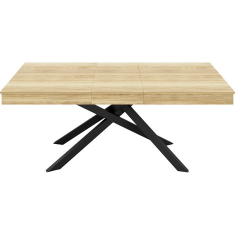 Table à manger extensible 140-180x80 cm en MDF avec pieds métalliques croisillons, couleur chêne, pour 6-8 personnes (1/5)