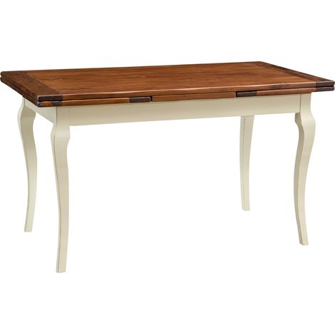 Ausziehtisch im Country-Stil aus massivem Lindenholz, mit antikierter weißer Struktur und Platte aus Nussholz. Made in Italy