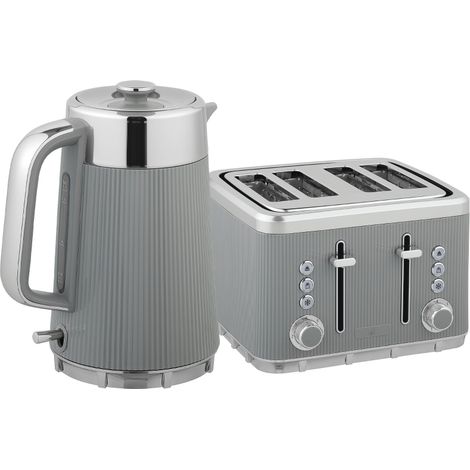 Electric Stainless Steel Kettle and Toaster Set, 3000W 1.7L UK Strix Thermostat Fast Boil Kettle w/ Limescale Filter, Cool Touch Body, 4 Slice Toaster with 7 Browning Levels, Crumb Tray, Tan