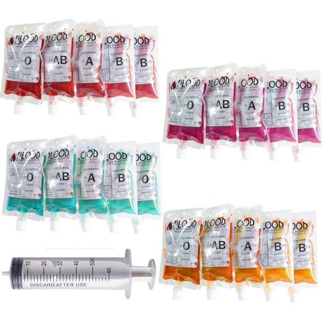Lot de 10 sacs de sang pour Halloween, récipient à boisson, avec seringue, autocollants et clips, pour accessoire d'Halloween, décoration, costume, cosplay, fête zombie (A) (1/5)