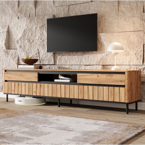 Meuble TV 180 cm avec 2 tiroirs, 2 portes rabattables et 6 pieds métalliques, noir et bois naturel (1/5)