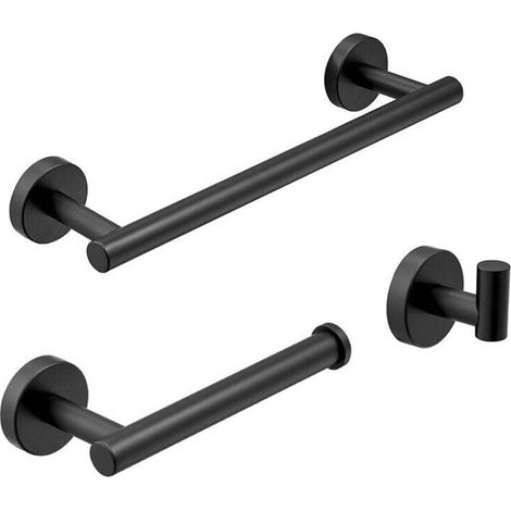 Matt Black Bathroom Accessories, Toilet Roll Holder/Wall-Mounted Towel Rack/Hook, 3-Piece Set (1/4)