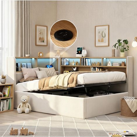 Cadre de lit beige en velours 225 x 110 x 90 cm (1/5)