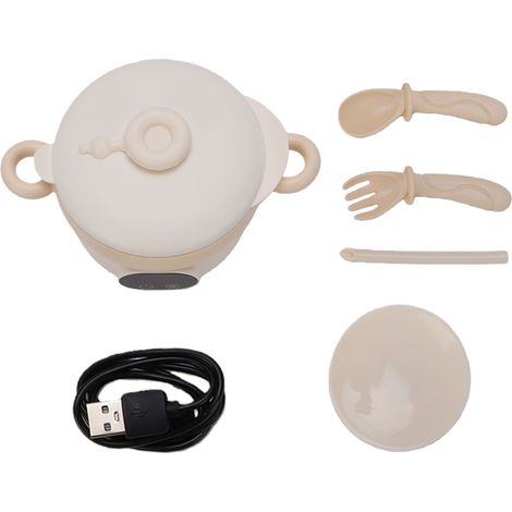 Bol chauffe-plats électrique 470ML, en acier inoxydable, sans eau, Rechargeable, isolé, boîte à déjeuner pour bébé, couleur crème (1/5)
