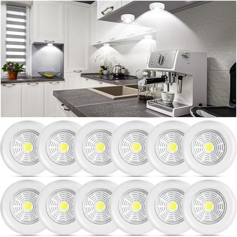 Lot de 12 Spots LED Sans Fil, Éclairage Sous-Armoire, Lampes Tactiles Portatives 70 Lumens, Alimentées par Batterie et Autocollantes, pour Cuisine, Armoires, Cabinets, Garage, Chambre à Coucher et Éta