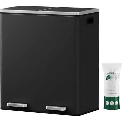 Poubelle de cuisine tri sélectif SONGMICS LTB60BK - Noir - 2 x 30L - 2 seaux en plastique - 15 sacs poubelles - Pédales en métal - Couvercles - Poignées - Fermeture en douceur - Hermétique