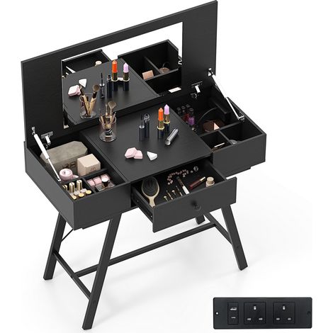 COSTWAY 2-in-1 Vanity Desk Flip Top Vanity Table with Mirror-Black (1/5)