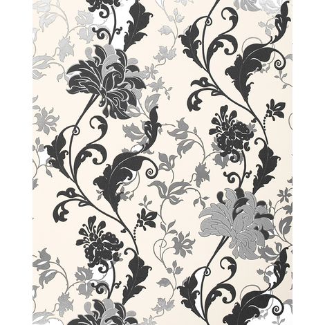 Carta da parati floreale EDEM 833-20 design elegante floreale fiori foglia nero bianco argento crema 70 cm