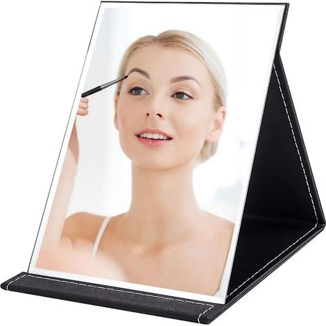 Miroir Pliant Portable, Miroir de Maquillage Portable, Miroir de Table Pliable, Miroir de Voyage en Cuir PU Noir pour Maison, Bureau, Voyages, Salle de Bain, 25x18 cm, Noir (1/5)
