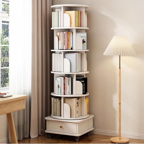 Librería giratoria de 360° de 6 niveles con ruedas y cajón, mueble que ahorra espacio para salón o dormitorio, MDF - blanco (1/5)