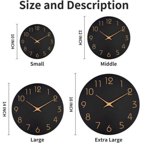 Horloge murale noire, 35,6 cm, silencieuse (sans tic-tac), chiffres or rose, style minimaliste, convient pour la chambre, le salon et la cuisine. (1/3)