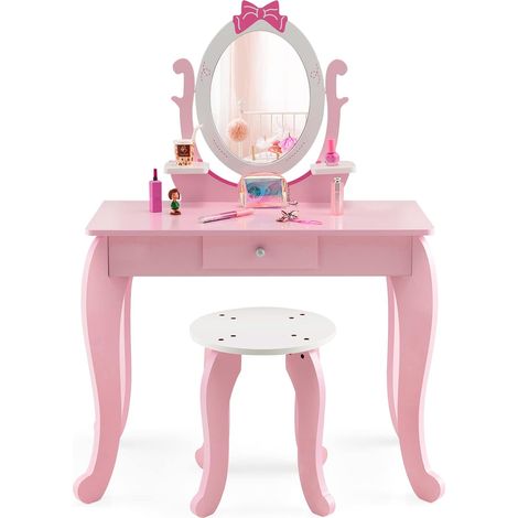 GOPLUS Coiffeuse pour Enfants avec Grand Tiroir et 2 étagères, Ensemble Coiffeuse et Chaise avec Miroir Rotatif Détachable, Table de Maquillage avec Motif de Nœud Papillon, pour Filles 3-7 Ans (1/5)