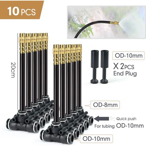 (10 pièces, raccords E-10 mm à 8 mm) Tuyau d'irrigation flexible rotatif à 360° de 20 cm en laiton avec buse de pulvérisation réglable et raccord rapide en T pour tuyau de 6/8/10/12 mm. (1/5)