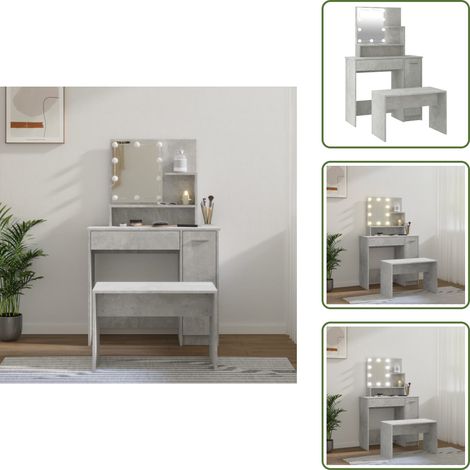 The Living Store Set Tavolo da Toeletta Grigio Cemento con LED Legno Multistrato - Specchio