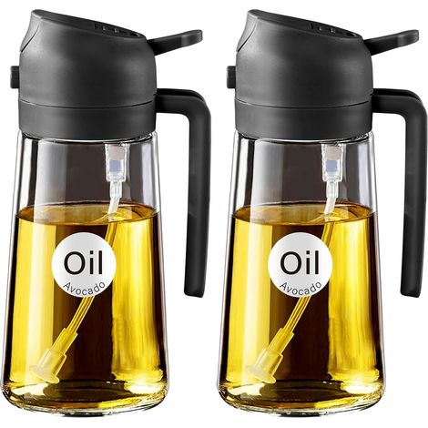 2 Stück 2 in 1 Sprühgerät für Speiseöl, 470 ml Sprühflasche, lebensmittelecht, Speiseölsprühgerät, hochwertiges Ölsprühgerät, Heißluftfritteuse Sprühgerät (Schwarz & Schwarz) (1/5)
