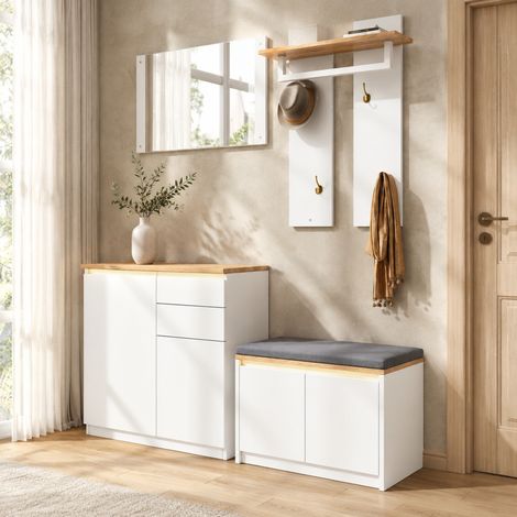 Guardaroba da ingresso 130x35x124,5 cm in truciolato bianco/legno salvaspazio – MEUBLIV (1/5)