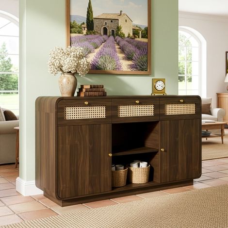 Buffet Noyer 120 cm avec Tiroirs en Rotin et Poignées Dorées, Bahut Vintage avec 3 Tiroirs, 2 Portes et Étagère Ouverte pour Salon (1/5)