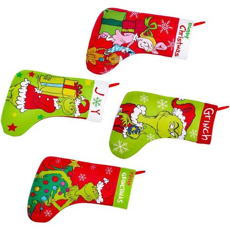 Lot de 4 grands bas de Noël en poliestre 32x46cm déco fête familiale suspendre cheminée arbre cadeau (1/4)